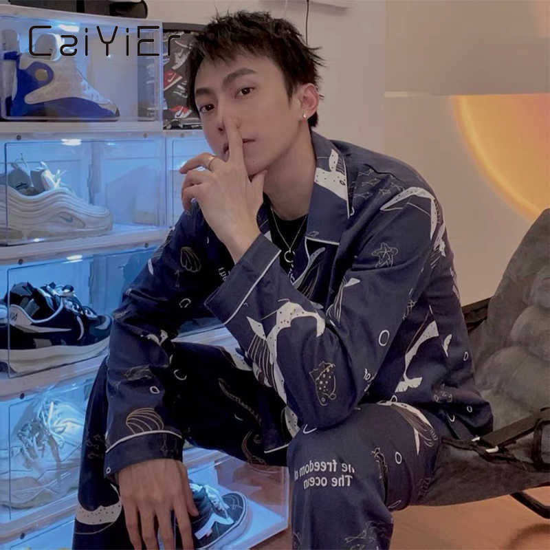 CAIYIER Autumn Winter Men Pajamas Set Turn-down Collar Long Sleeve Trousers Sleepwear Gentleman Printed Casual Homewear L-3XL 211019