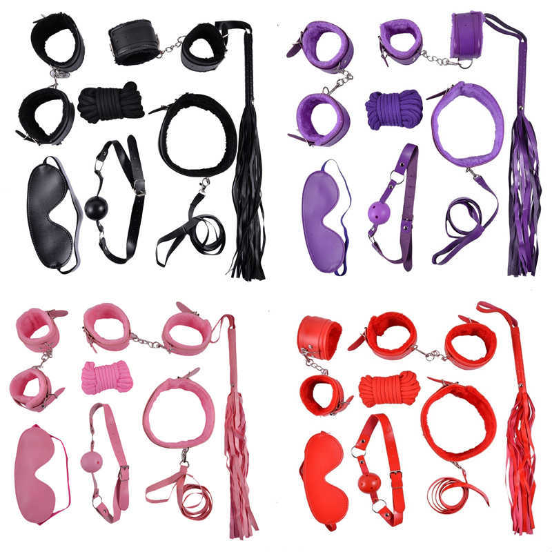 10 Pcs/set Sexy Lingerie PU Leather bdsm Bondage Set Hand Cuffs Footcuff Whip Rope Blindfold Erotic Toys For Couples 211013