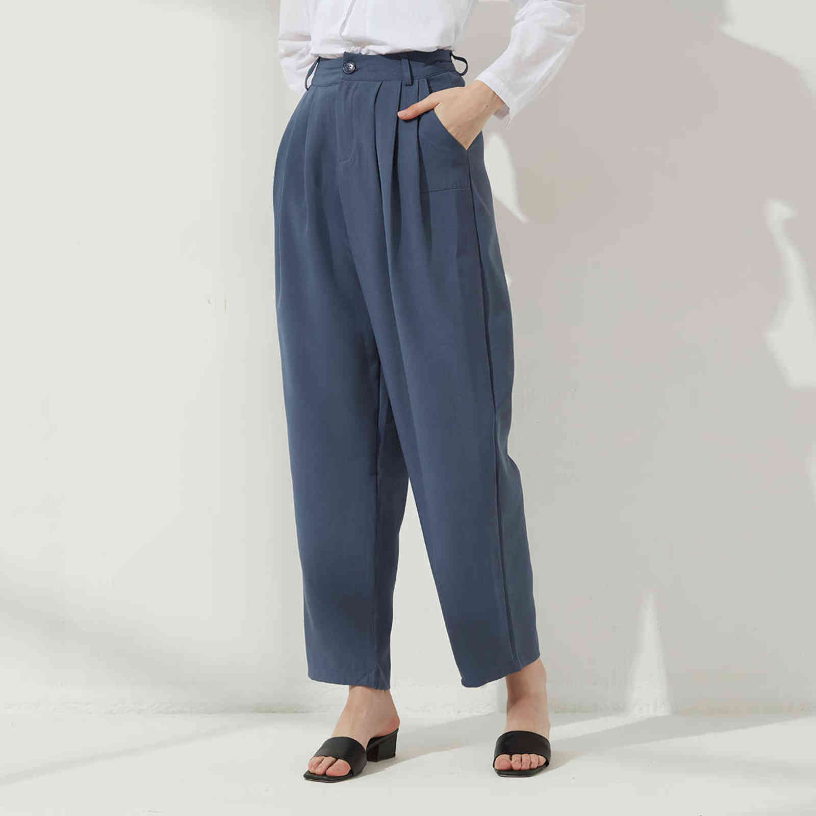 Wixra Women Loose Office Lady Pants Casual Wide-Leg Harem Spring Summer Button Zipper Solid Trousers 211115