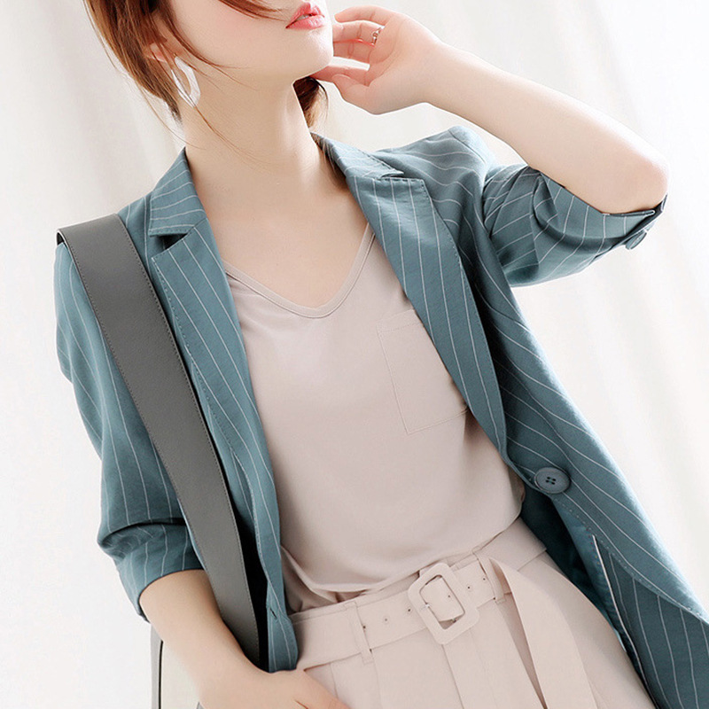 Spring Elegant Office Lady Silm Blazers Fashion Fresh Turquoise Striped Women Coats Casual Loose Soft Woman Jacket 210525