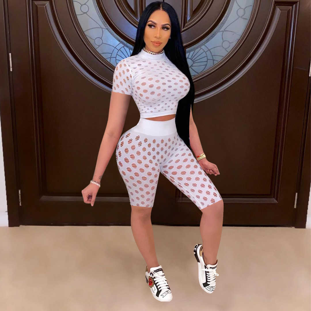 Sexy See Through Hollow Out Bodycon Tracksuit Summer Short Sleeve Pullover Top+Elastic High Waist Knee-length Pants 2 Piece Sets 210604