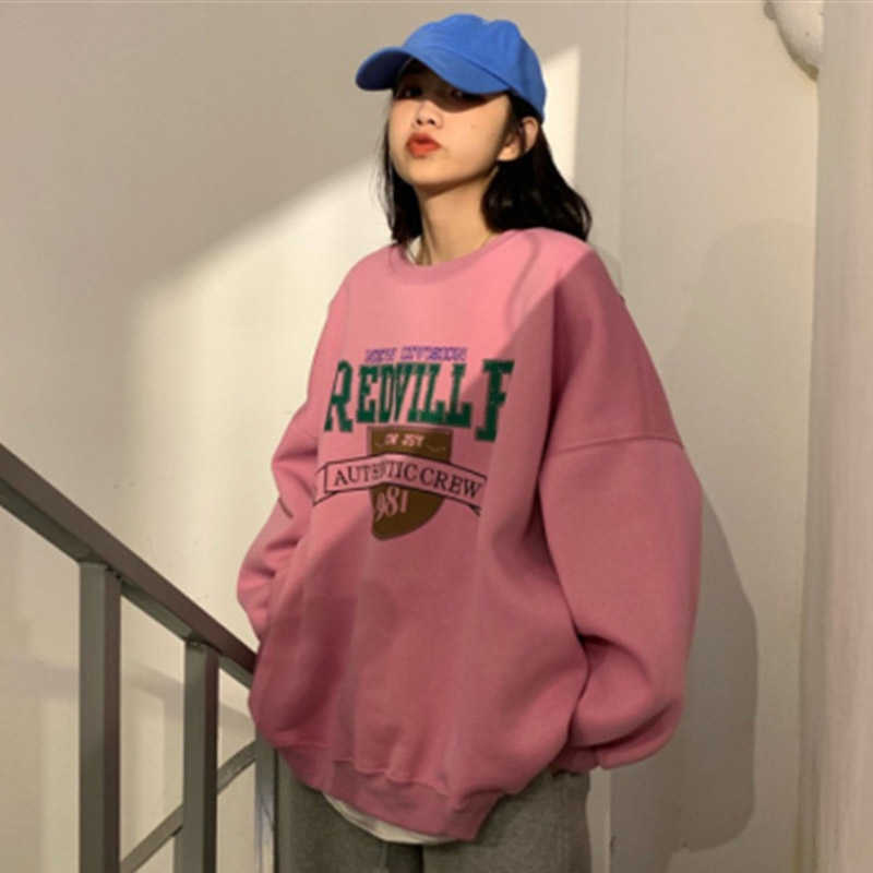Women Fleece Letter Printed Pullover Sweatshirts Long Sleeve Casual Sports Lady Oversized Hoodie For Autumn Korean Fashion 210910