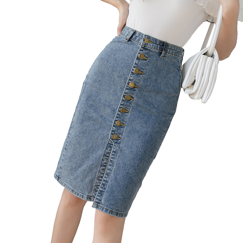 REALEFT Spring Autumn Denim Sheath Wrap Skirts SingleBreasted High Waist Pencil Midi Skirt Front Split Skirts Womens 210306