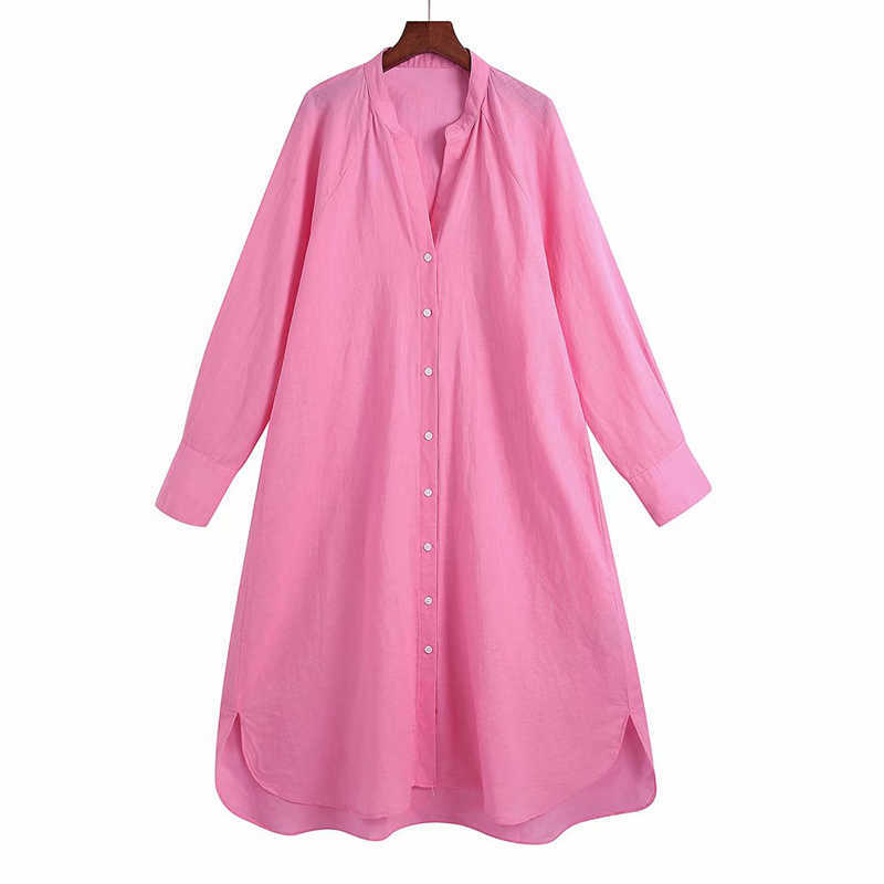 KUMSVAG Women Summer Linen Loose Shirts Dress V-Neck Long Sleeve Female Elegant Vintage Knee-Length Dresses Vestido OYK2509 210630