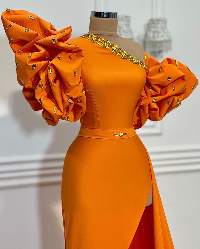 Aso Ebi 2021 Arabic Stylish Orange Sheath Evening Dresses Crystals Short Sleeves Prom Dresses Sexy Formal Party Second Reception Gowns ZJ261