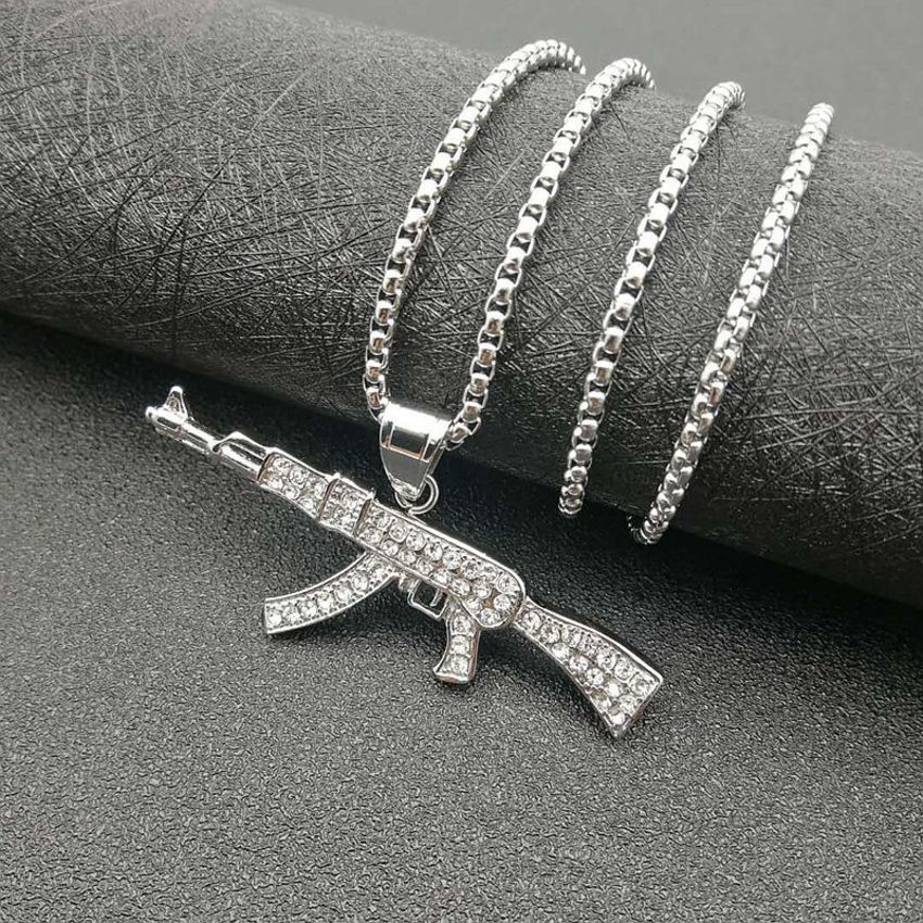 Hip Hop Jewelry Titanium Steel Gold Plated Diamond Ak47 Pendant Necklace 6CC3