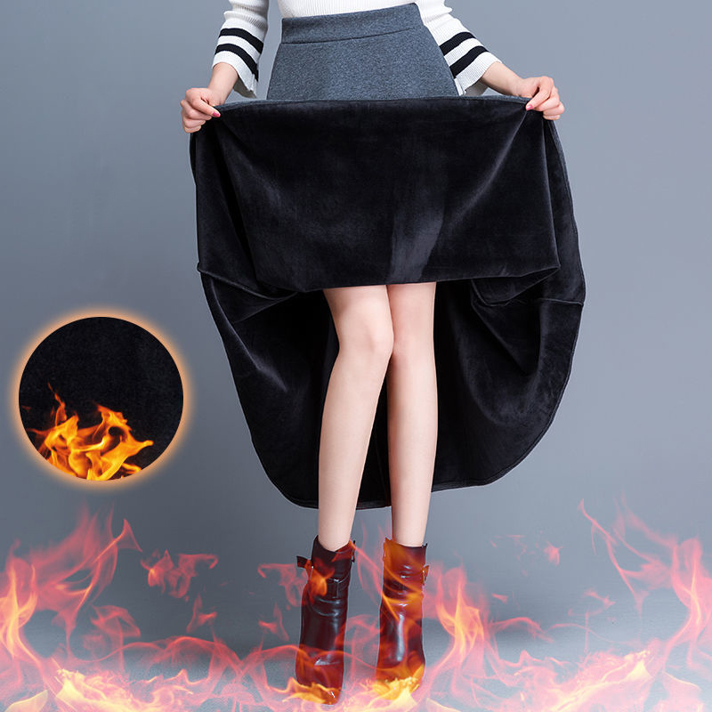 Winter Women Thickening Warm Button Korean Skirts Lady Elegant Version High Waist Skirt New Large size Mid-Length A word Skirts 210311