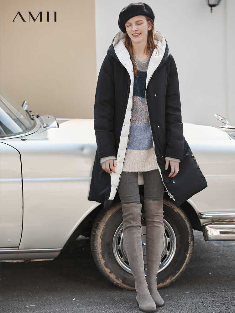 90% White Duck Down Jacket Winter Women Elegant Hooded Solid Straigh Loose Zipper Female Coat 11940922 210527