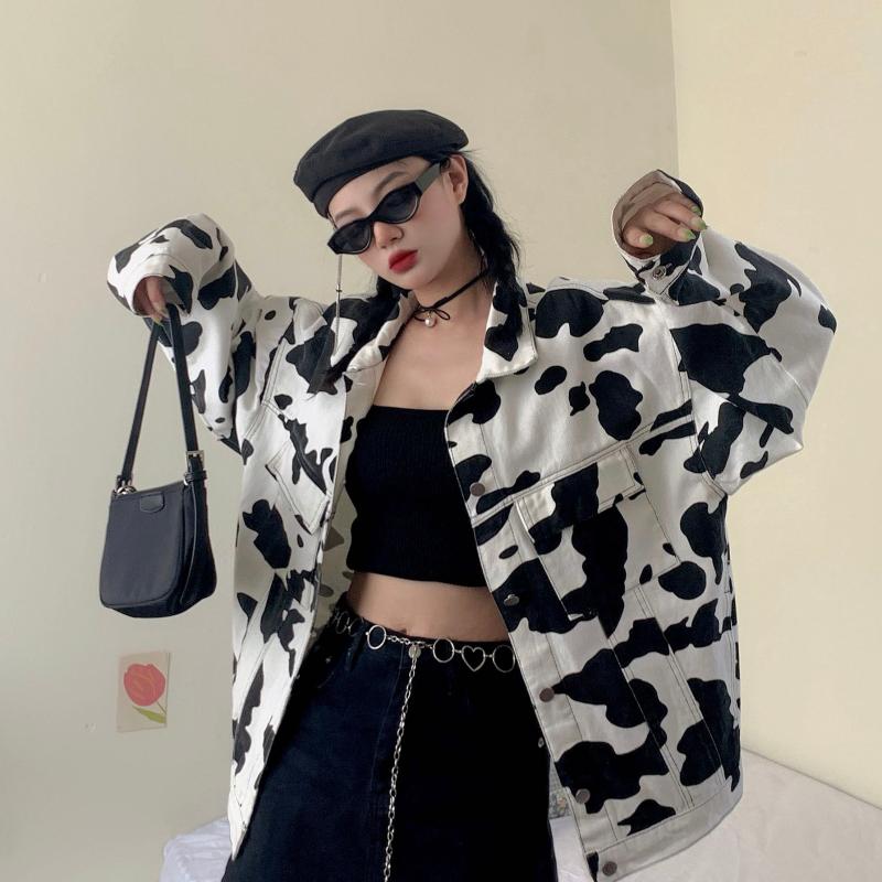 Women's Jackets Autumn Winter Women Jacket Cute Milk Cow Pattern Print Turn-down Collar Coat Overcoat Girl Casual Outifts Outwear