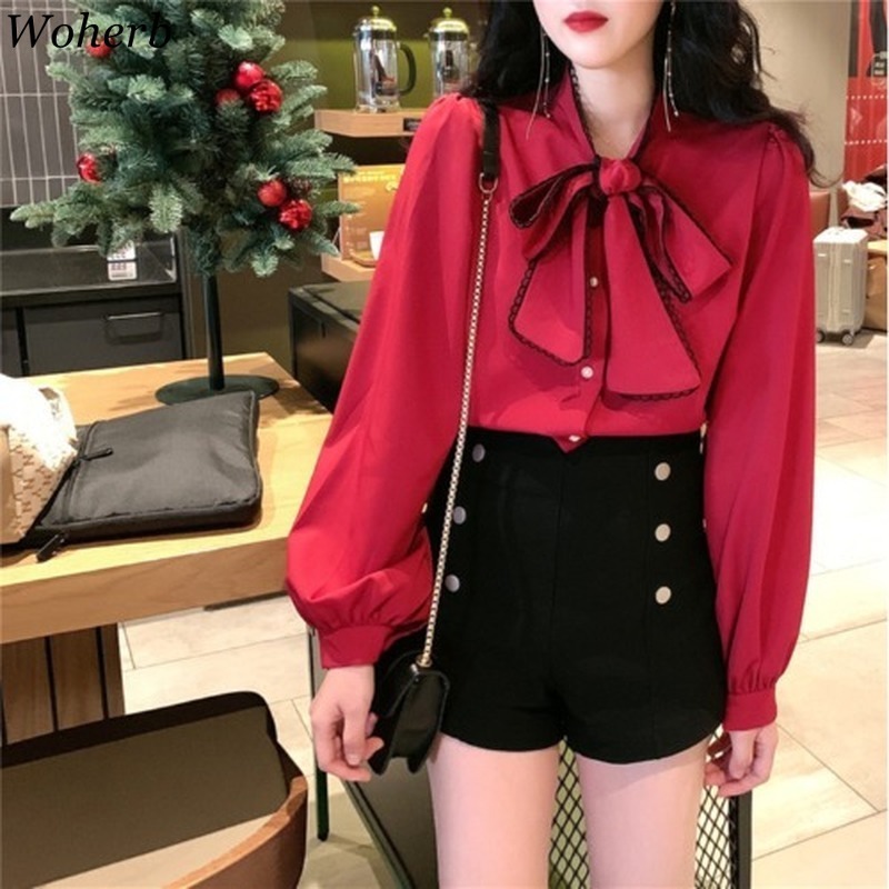 Woherb Women Long Sleeve Shirts White Blouses Vintage Korean Spring Sweet Bow Loose Ladies Blouse Office Lady Sweet 92066 220407