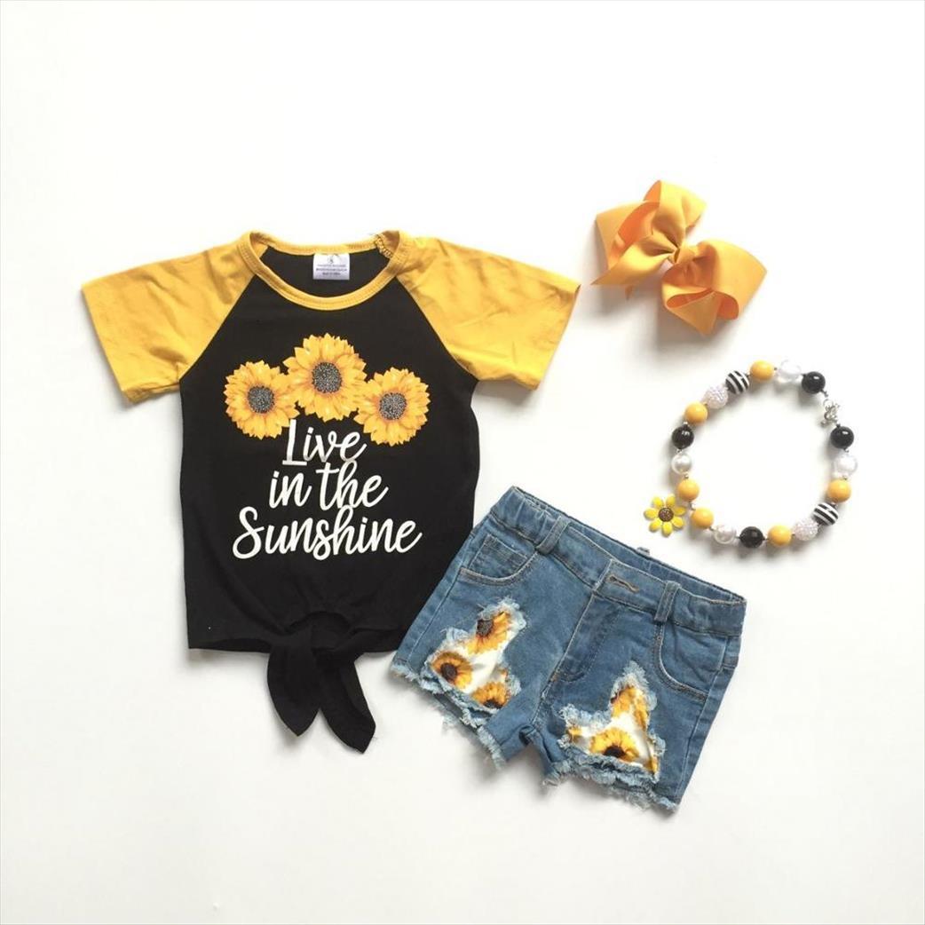 summer girls sunflower shirt with denim shorts kids jeans outfit bow and necklace, White
summer girls sunflower shirt with denim shorts kids jeans outfit bow and necklace, White