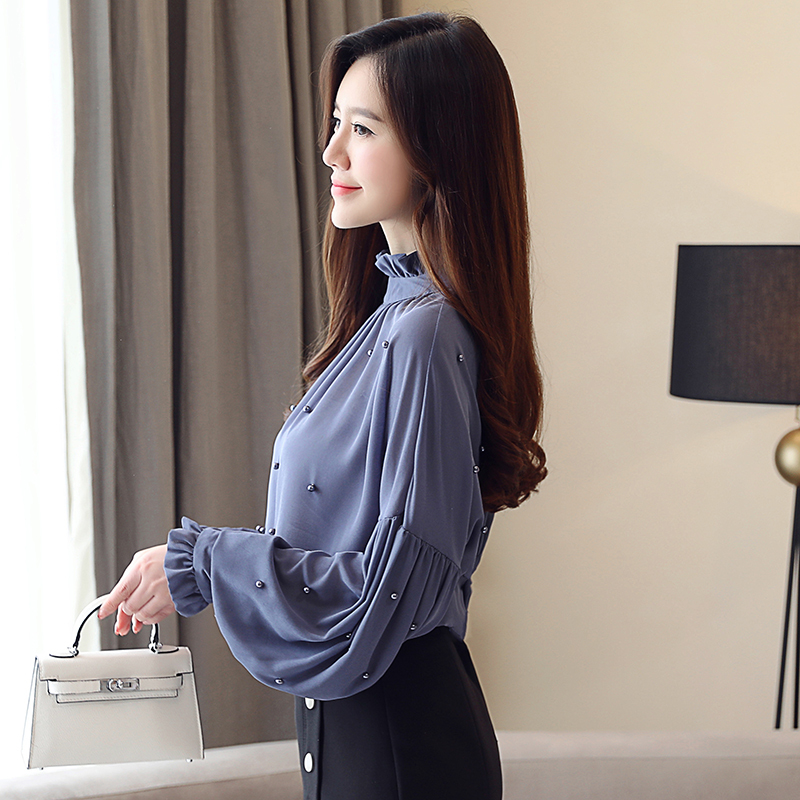 Fashion Chiffon Women Blouses Shirt Long Sleeve Solid OL Blouse Women Tops Elegant Beading Causal Top Female Blusas 0781 30 210225