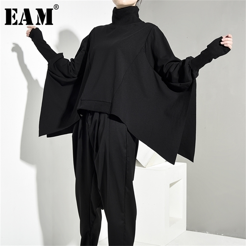 [EAM] Loose Fit Black Oversize Back Long Sweatshirt New High Collar Long Sleeve Women Big Size Fashion Spring Autumn LJ201130