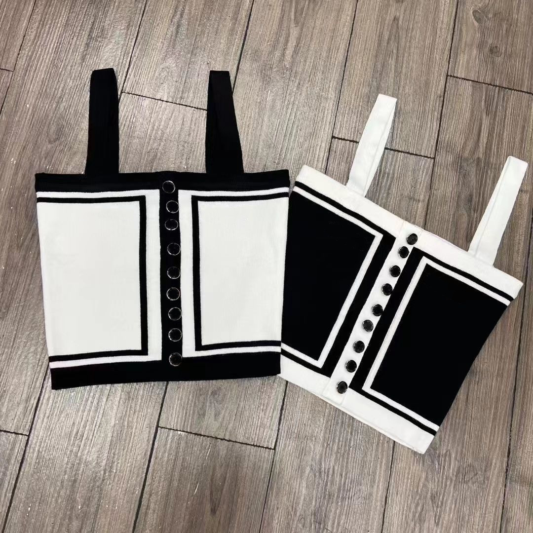 Women'sKnited Tank Tops Crop Top Summer With Button Letter Tanks Camis Female Solid Elastic knit Slim Sleeveless Tops Workout Vest