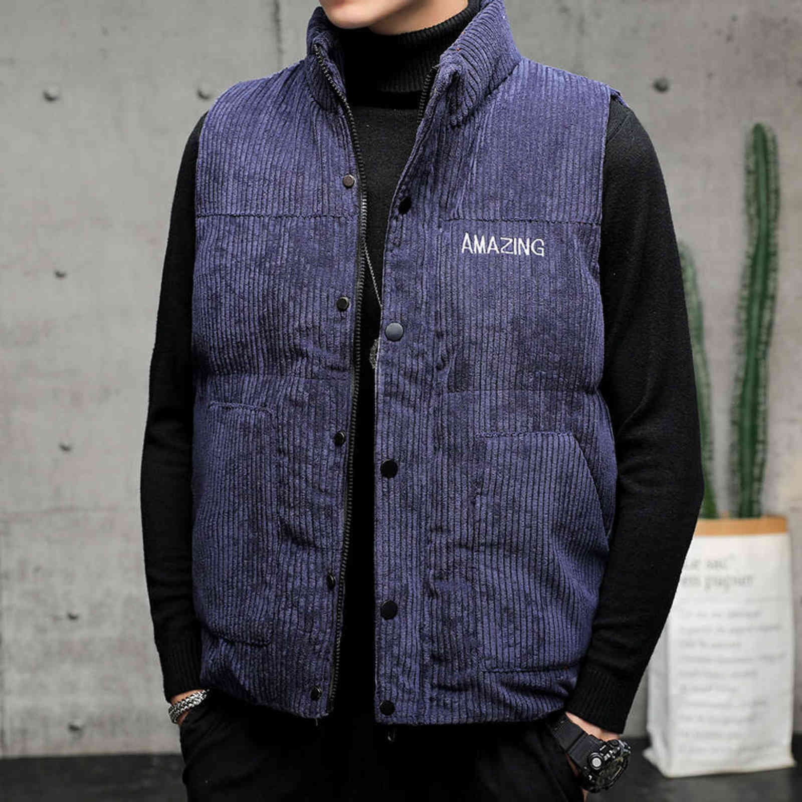 Winter Corduroy Vest Men Warm Coat Stand Collar Sleeveless Jacket Thicken Cotton Padded Gilet Men Thermal Waistcoat 211111