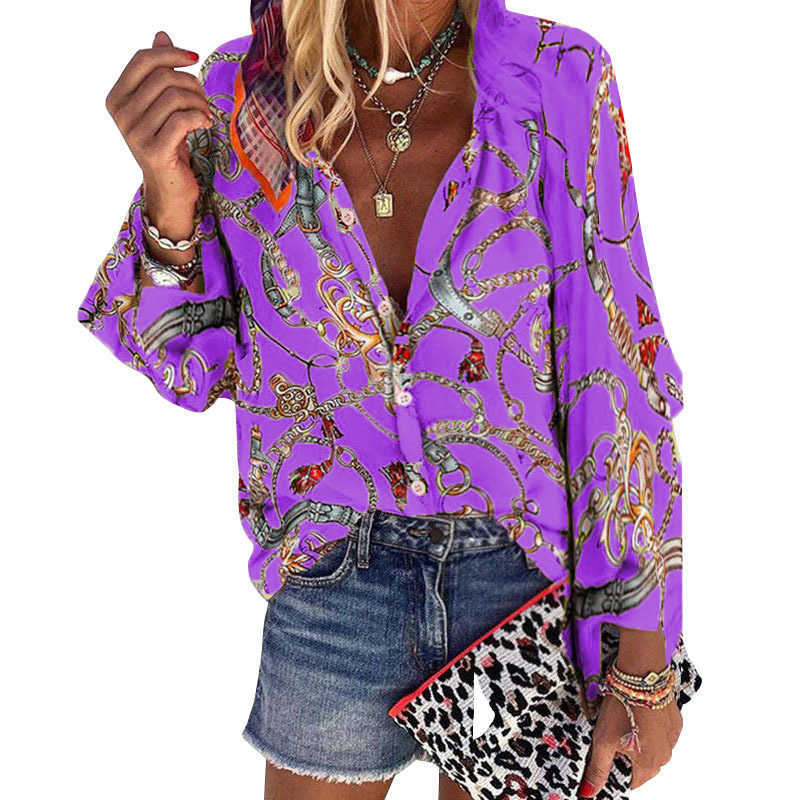 Women's Blouses Plus Size Women Blouse V-neck Long Sleeve Chains Print Loose casual Shirts Womens Tops And Blouses