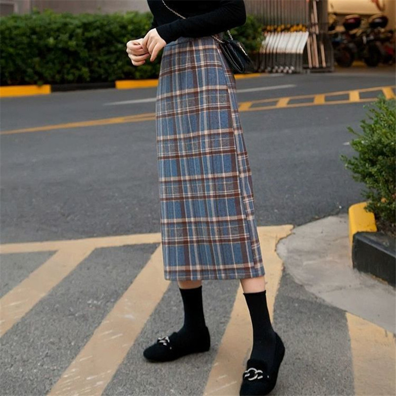 Plus Size High Waist Midi Long Wool Plaid Skirt For Women Winter Warm Wool Elegant Office Lady Vintage Skirt Autumn Maxi Skirts 210309