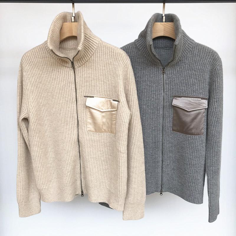 BC autumn winter new sweater women's cardigan zipper stand collar long sleeve Real Silk Pocket nail bead cashmere knitted coat