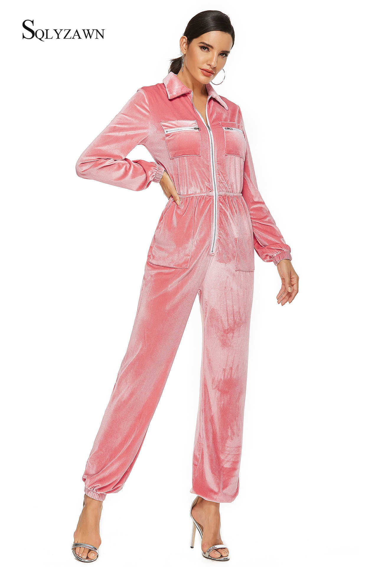 Soft Veet Jumpsuit Women Zipper Multi-Pocket Long Sleeve Rompers Elegant Female Cargo Overalls Streetwear Velour Tracksuits 210709