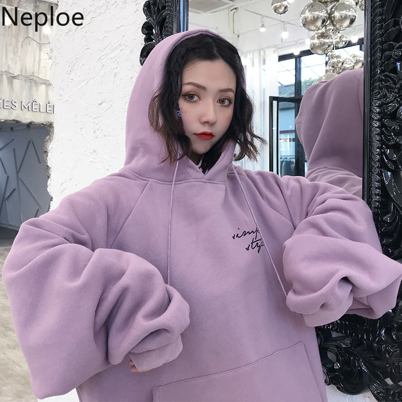Neploe Hoodies Women Thicker Womens Trendy Sweatshirts Plus Velvet Warm Soft Letter Printed Simple Pockets Leisure Pullovers 201112