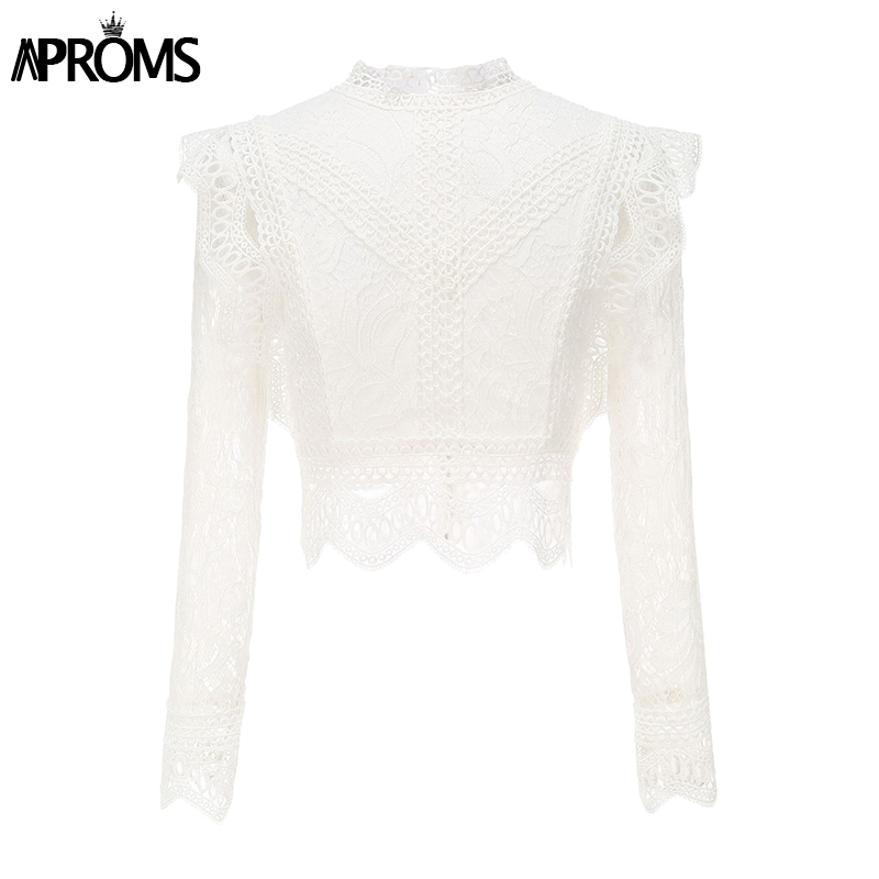 Aproms White Lace Embroidery Cropped Blouse Women Sexy High Neck Back Zipper Hollow Out Shirt Female Summer Streetwear Top 210225