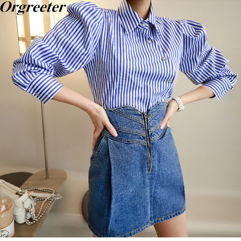 Fashion Puff sleeve Striped Blue Shirt Women Denim Skirts Suits Slim High Waist Zipper Bodycon Jeans Skirt 2 piece set 210525, Only shirt
Fashion Puff sleeve Striped Blue Shirt Women Denim Skirts Suits Slim High Waist Zipper Bodycon Jeans Skirt 2 piece set 210525, Only shirt