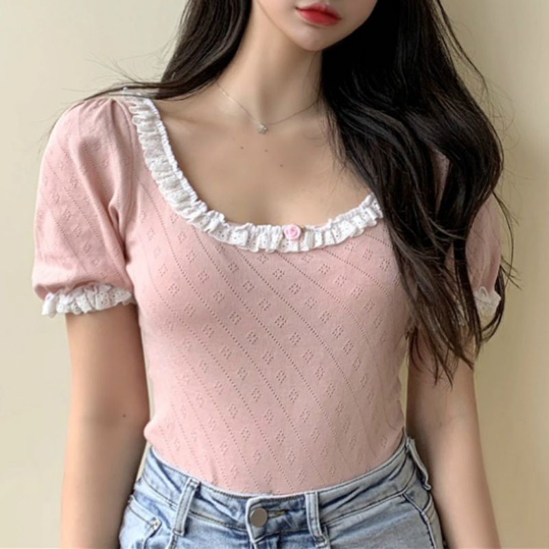 Lace Hollow-out Square-Cut Collar Pink Thin Sweater Women's Summer New Short-Sleeved Slim-Fit Viscose Fiber Top 210306