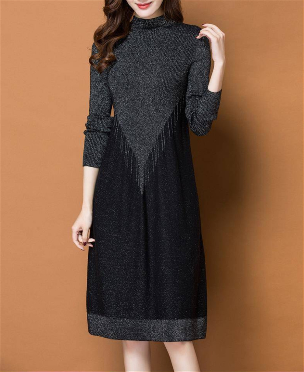 Women Dress Spring Autumn Winter Long Sleeve Black Knitted Dress Simple Elegant Party Midi Dress Plus Size vestidos de festa 35 201008