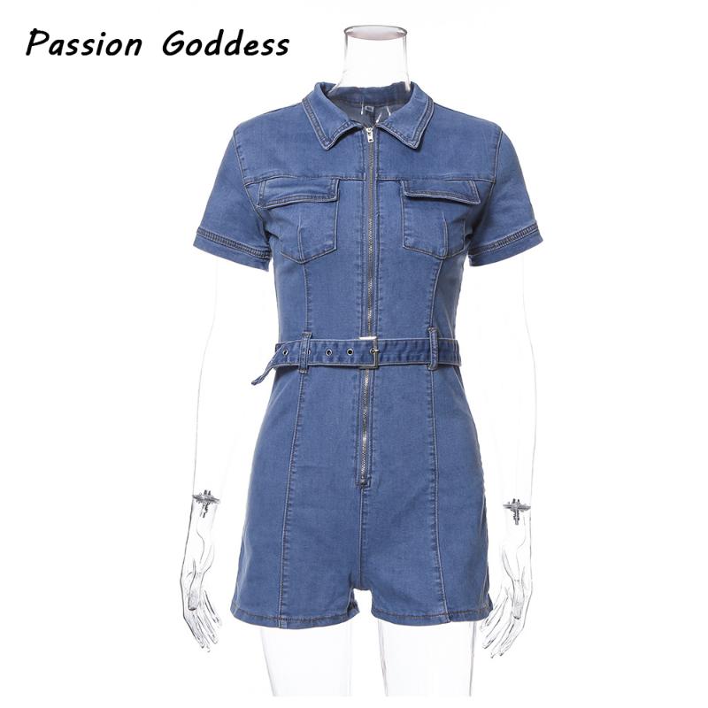 Women Zipper Denim Playsuits Jumpsuits Shorts Turn Down Collar Outfits Sashes Pocket Jeans Overalls Combishort Macacao Rompers