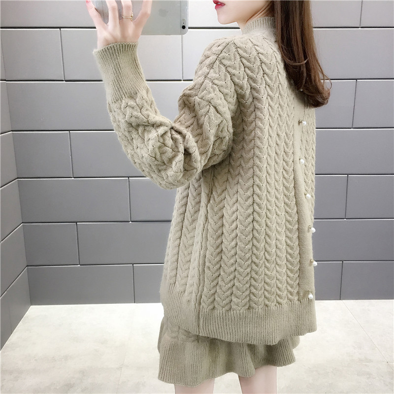 Women's Autumn Winter New Twist Woven Knit Sweater Set Loose Oneck Long Sweater Ruffled Knit Mini Skirt Twopiece ML240 201102