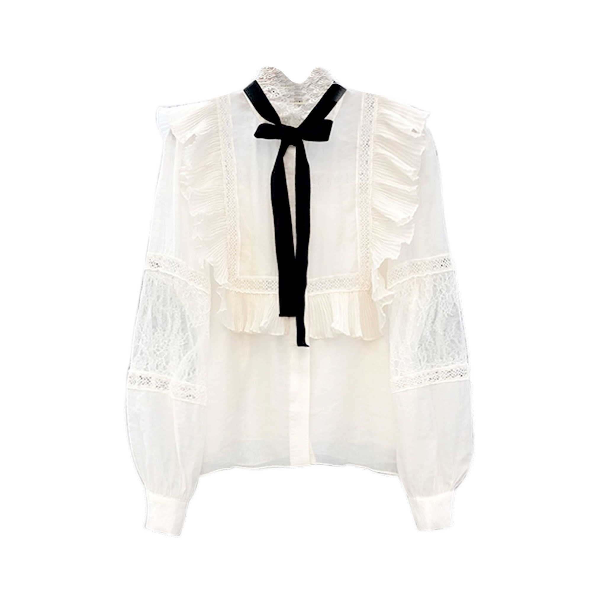 VANOVICH Korean Spring and Summer Stand Collar Bow Lotus Leaf Side Lace Shirt Female Casual Women-blouses 210615Z