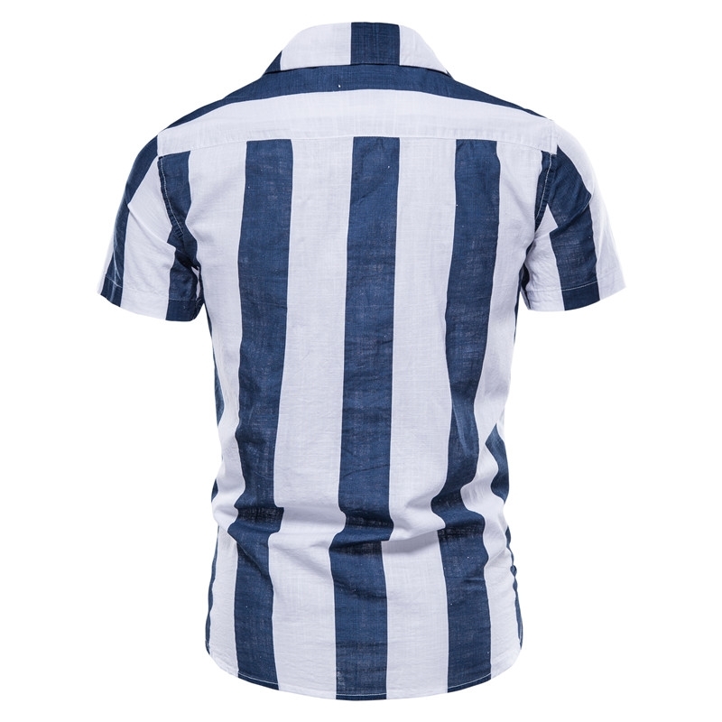 AIOPESON 100% Cotton Striped Linen Shirt Men Short-sleeved Fashion Suit Collar Beach for Summer s 210721