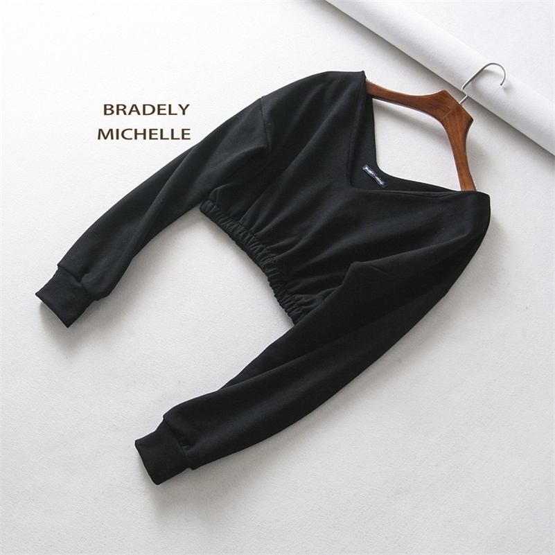 BRADELY MICHELLE women sexy sweatshirt streetwear hoodies hip pop crop top female long sleeve deep v-neck pullovers 201209