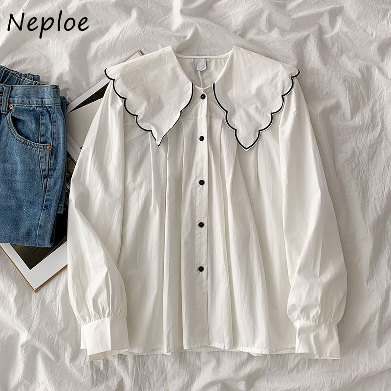 Neploe Doll Collar Hit Color Patchwork Loose Blouse Women Long Sleeve Single Breast Sweet Blusas Spring New Shirt Feminino 210225