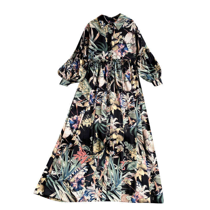 DEAT Women Printing Dress Lapel Long Sleeve Arrivals Lady Temperament Fashion Spring Autumn 11D2012 210709