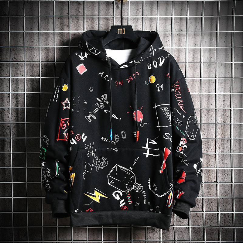 Spring Men Anime Graffiti Sweatshirt Male Hip Hop Harajuku Japanese Streetwear Yellow Hoodie Men Clothing M-5XL 201126