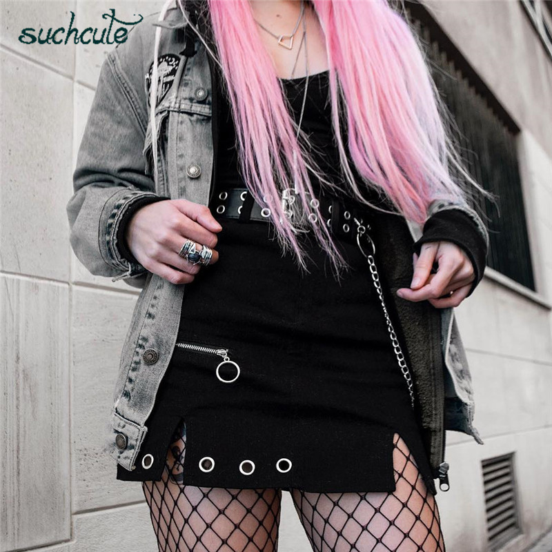 SUCHCUTE zipper up women skirts metal chain Modis gothic mini skirt A-line black spring streetwear female party outfits 210306