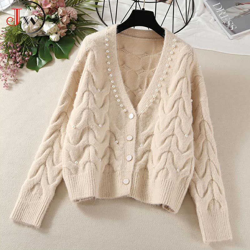 Cardigans Women Knitted Sweater Autumn Winter Long Sleeve V neck Jumper Fashion Sweet Beaded Cardigans Casual Streetwear Sweater 210918