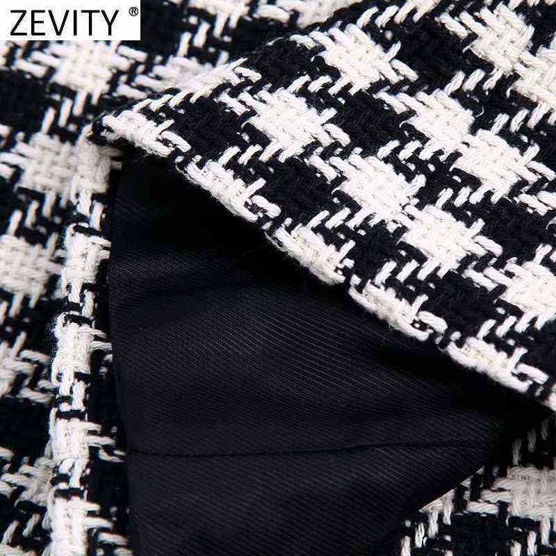Zevity Women Vintage Houndstooth Plaid Print Open Stitching Tweed Woolen Coat Female Chic Outwear Slim Jackets Tops CT781 211104