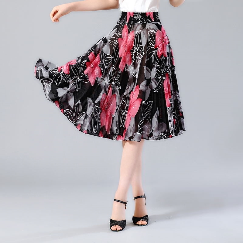 New Summer Long Print Skirts Womens Elastic High Waist Elegant Pleated Skirt Plus Size Faldas Saia Fashion Female Casual Skirt 210309