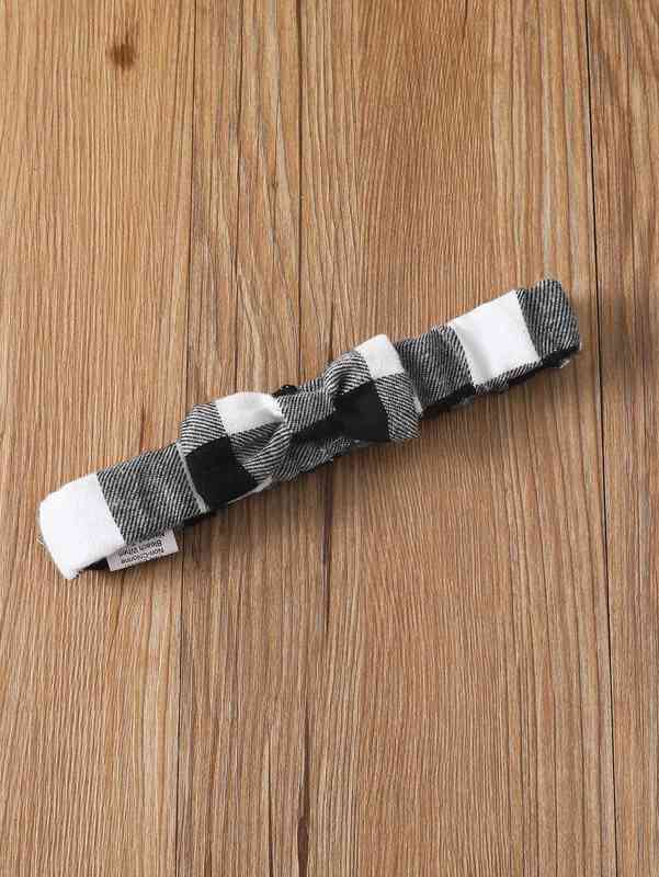 Baby Ruffle Trim Tee & Buffalo Plaid Pinafore Skirt With Headband SHE