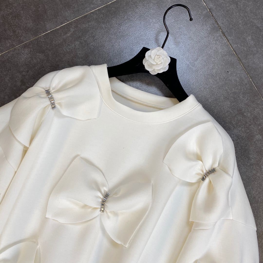 DEAT Autumn New Arrivals Long Sleeve O Neck Diamonds Bow Decoration Cotton Sweatshirt Women Pullovers MK710 201030