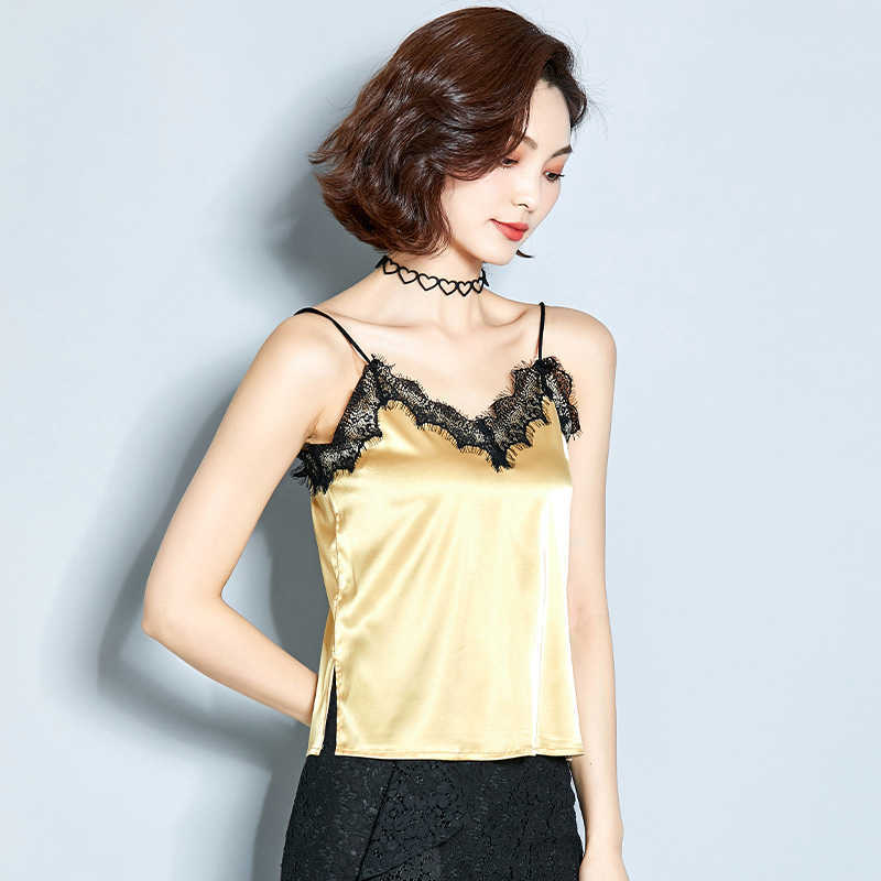 Korean Silk Women Tops Woman Lace V-neck Camisole Satin Tanks Plus Size Sexy Solid Camis Tees Halter 210531