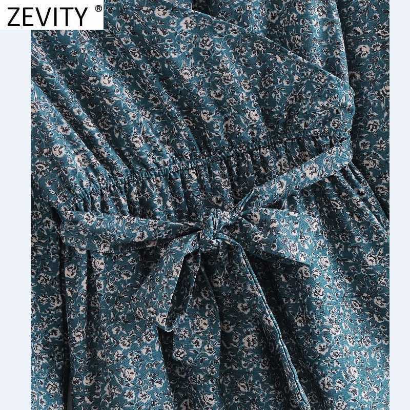 Zevity Women Vintage Cross V Neck Floral Print Ruffles Mini Dress Femme Long Sleeve Bow Tied Sashes Vestido Cloth DS4702 210603
