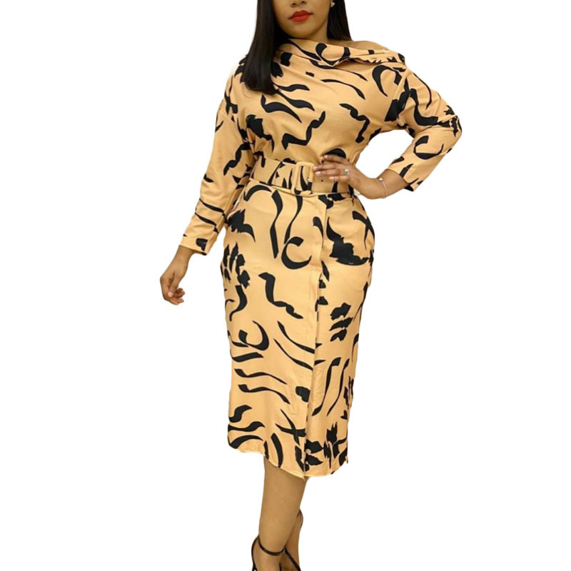 Women Print Dresses Elegant Office Ladies Long Sleeves Autumn Fashion with Wasit Belt Classy Female Vestidos Work Wear Lady 210303