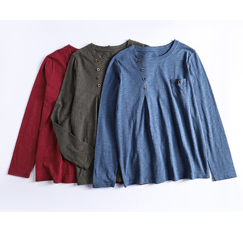 shintimes Bamboo Tshirt Women Button Pockets Female T-Shirt Cotton Autumn Long Sleeve Loose Woman Clothes Tee Shirt Femme 210310