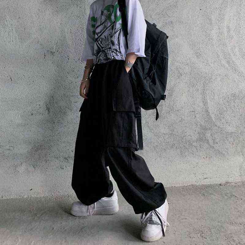 QWEEK Harajuku White Cargo Pants Women Vintage HIgh Waist Hip Hop Streetwear Pockets Straight Joker Black Trousers For Female 211115