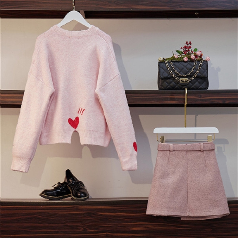 Preppy Style Loose Knitting Heart Pattern Sweater Top Sashes Wool Aline Mini Skirt Women Trendy 2 Piece Set Pink Skirt Set T200325