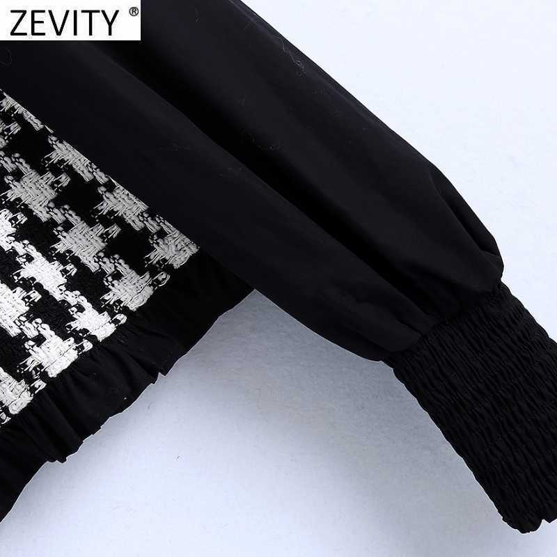 Zevity Women O Neck Puff Sleeve Patchwork Houndstooth Casual Smock Shirts Ladies Roupas Femininas Short Blouses Tops LS7351 210603