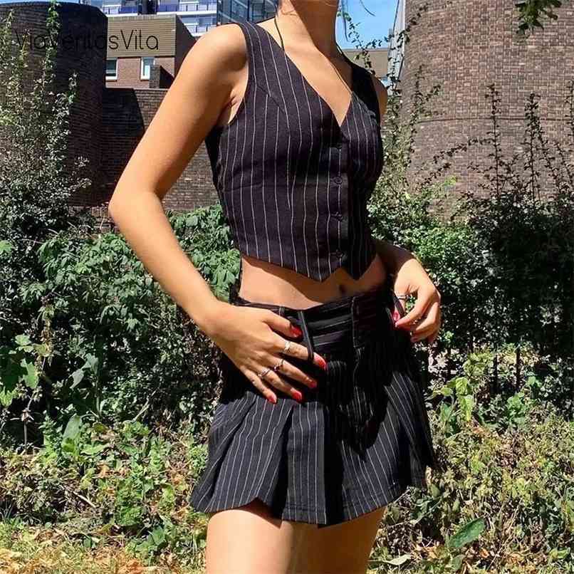 Summer Y2K Womens Vests Single Bottons Striped Waistcoat Vest Office Lady Stretchy Woman Korean Fashion Tops 210819